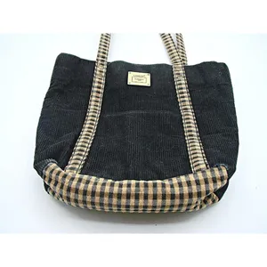Longaberger Corduroy Plaid Tote Bag Purse Black Tan Khaki Check Homestead 9.5x10 thumbnail 2