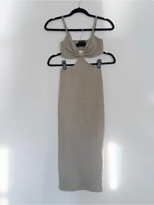 White Fox Boutique Taupe Cutout Knit Midi Dress thumbnail 3