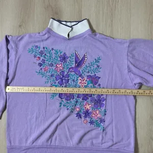 Vintage Lavender Hummingbird Floral Collared Sweatshirt‎ Women's thumbnail 5