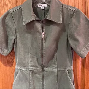 Topshop Clean Front Zip Denim Mini Shirtdress Dress in‎ Light Olive Green Size 4 thumbnail 7