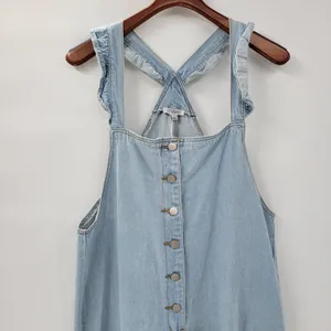 Polagram Overall Button Up Denim Jumpsuit Womens L Blue Light Wash Ruffle Straps thumbnail 9