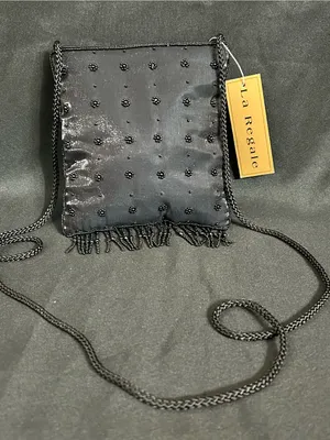 La Regale Black Beaded Fringe Crossbody Bag Cocktail Purse NWT thumbnail 1