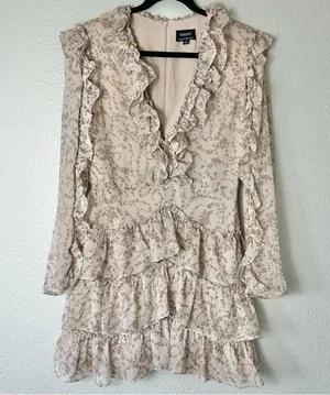 Bardot Alessia Tan Frill Ruffled Long Sleeved Mini Dress Size Medium 8 thumbnail 4