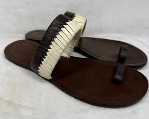 Tory Burch Woven Leather Toe Loop Flat Sandals Brown Cream Size‎ 7 thumbnail 1