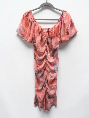 Socialite Pink Floral Ruched Puff Sleeve Midi Dress Size XS thumbnail 3