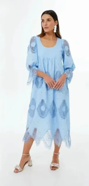 Tuckernuck Ashlyn Midi Lace Linen Cotton Dress in Forget Me Not Blue Size Small thumbnail 1