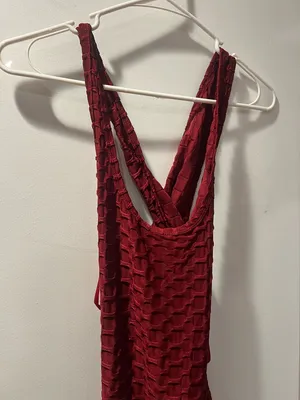 Women’s Backless Red Textured Dress with Cross-Back Detail thumbnail 3