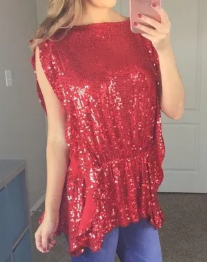 NWT Vintage Free People Red Sequin Sparkle Holiday Sparkly Tunic Top Small thumbnail 1
