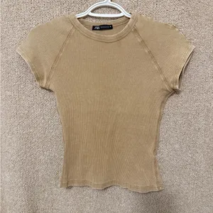 Zara Beige Short Sleeve Ribbed Tee thumbnail 1