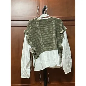 MIOU MUSE T5339 Olive Knit Ruffle Sweater White Blouse Top Size M NWT thumbnail 2