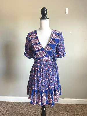 DEBBIE DABBIE | Blue & Pink Floral Print Wrap Mini Dress Sz 8 thumbnail 2