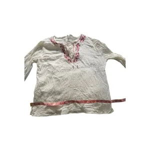 Vintage Ivory/Burgundy Embroidered Lace Up Peasant Crinkle Long Sleeve Top Boho thumbnail 8