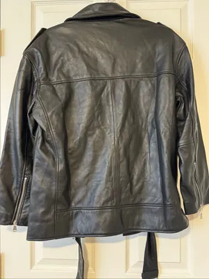 ASOS DESIGN Petite Premium Real Leather Oversized Biker Jacket Black US 4 thumbnail 7