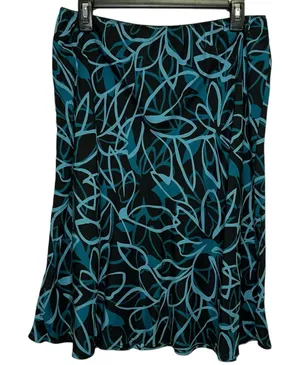 Amanda Smith Silk Skirt‎ Large Teal Black Floral Knee Length Flowy thumbnail 1