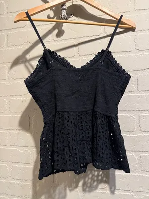 Japna peplum tank top eyelet smocked back NeW small black adjustable straps thumbnail 3