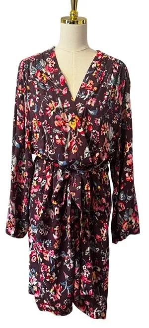 Vera Bradley Floral Wrap Robe Plum Burgundy Rayon Long Sleeve Belted L/XL thumbnail 1