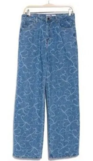 Flying Angel Floral Embroidered High Waist Wide Leg Jeans In Medium Dark Wash si thumbnail 1