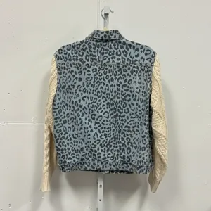 POL Leopard Print Denim Jacket Cable Knit Sleeves Blue Cream Small Oversized thumbnail 2