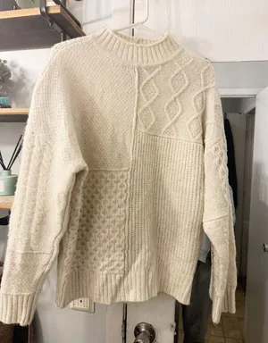 American Eagle Outfitters Cream Cable & Patchwork Mock Neck Sweater thumbnail 1