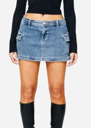 Princess Polly Denim Mini Skirt Cargo Low Rise Blue Sexy Western M 8 thumbnail 1