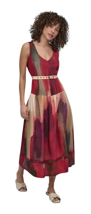 NWT DKNY Womens Abstract V-Neck Belted Dress Midi Brush Stroke Brown Multi 10 thumbnail 1
