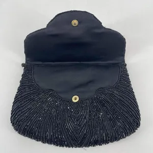 Vintage‎ Beaded Snap Flap Corded Strap Clutch Shoulder Bag Black Small Flapper thumbnail 3