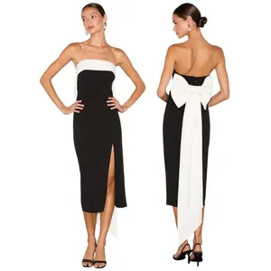 Lulus Fabulous Phenomenon Black White Strapless Bow Midi Dress Wedding Guest thumbnail 2