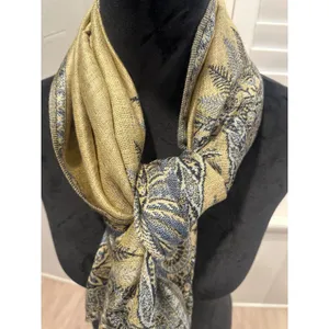 Luxurious Pashmina Silk Blend Scarf Gold Blue Paisley Tassel Fringe 26x72 winter thumbnail 2