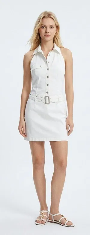 Urban Revivo White Sleeveless Drop Waist Snap Front Belted Mini Dress XL thumbnail 1