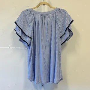LOFT Striped Flutter Sleeve Tassel Tie Blouse Top Size Large Women's Blue‎ White thumbnail 2