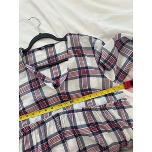 Zara White Red Blue Plaid V/Neck Fit& Flare Pleat Tunic Midi Dress Sz L thumbnail 8