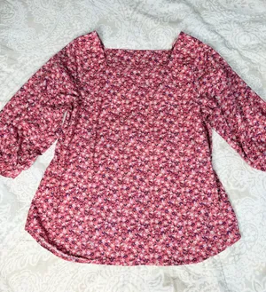 Time and Tru Pink Floral Square-Neck Puff Sleeve Blouse thumbnail 1