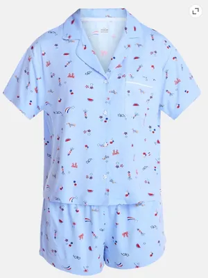 Light Blue American Printed Short-Sleeve Pajama Top and Shorts Set thumbnail 5