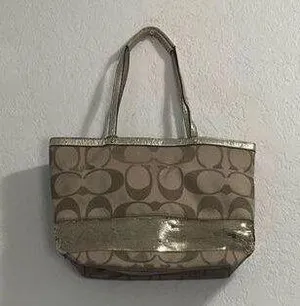 Coach Gold Jacquard Signature Gold Sequins Zip Tote Purse H1120-F17574 14x9 bag thumbnail 1