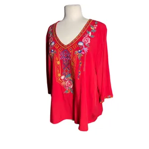 Women’s Boho Floral Embroidered 3/4 Sleeve Red Popover Vneck Top XXL thumbnail 4