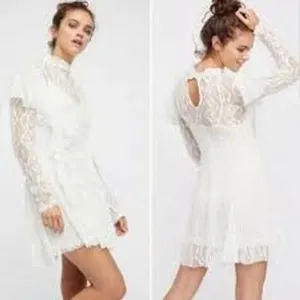 Free People Dress Womens Medium Ivory white‎ rock candy Lace Mock Neck Mini thumbnail 2