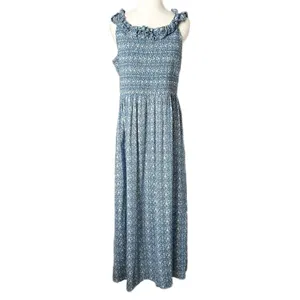 Gal Meets Glam Blue Floral Smocked Ruffle Maxi Dress 100% Cotton Size 16 thumbnail 2