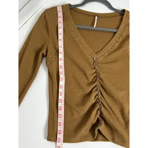 Free People Wear Me Out Brown Waffle Knit Ruched Mesh Sleeve Top Small thumbnail 7