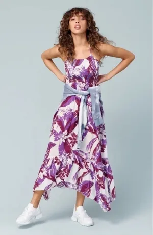 Free People Intimately Heat Wave Smocked floral Maxi Dress‎ purple ruffle sz M thumbnail 1