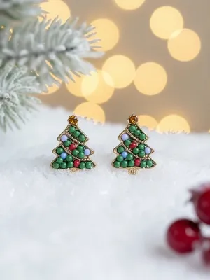 Gold-Tone Green Christmas Tree Stud Earrings with Red & Blue Accents thumbnail 4