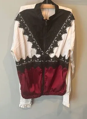 NWT Gimmicks by BKE Colorblock Top Satin ZipUp Beige Red Black Lace‎ Ruffle Cuff thumbnail 1