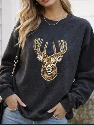 Cabela's Big buck gray Charcoal Sequin Deer Crewneck Sweatshirt Size large thumbnail 1