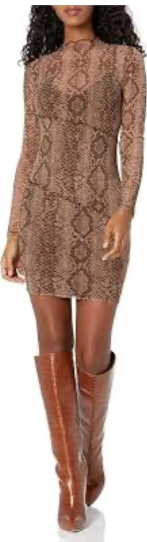 GUESS Women Brown Snake Print Mesh Mock Neck Long Sleeve Bodycon Dress L NWT thumbnail 1