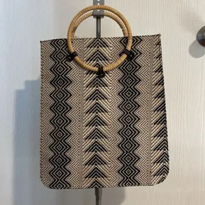 Wet Seal Geometric Woven Tote Bag Straw Black Tan Round Handle thumbnail 10