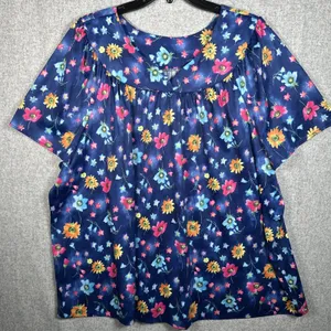 Vintage Plus Size 1X Womens Top MuuMuu Shirt Peasant Hawaiian Floral‎ Boho Blue thumbnail 1