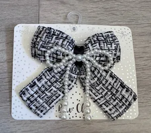 Bow Fancy‎ Danbar Black White Tweed Hair Clip with Faux Pearl Bow Accent NIP thumbnail 1