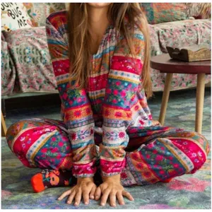 Natural Life fleece one-piece pajama jumpsuit a vibrant, colorful boho Large thumbnail 1