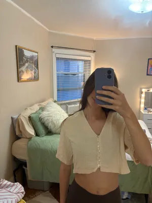 Zara Seersucker tan crop top thumbnail 2