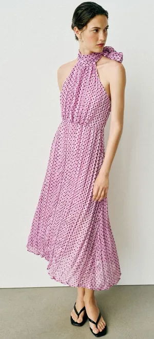NWT Zara Polka Dot Halter Neckline Midi Pleated Satin Bloggers Fave Dress thumbnail 1