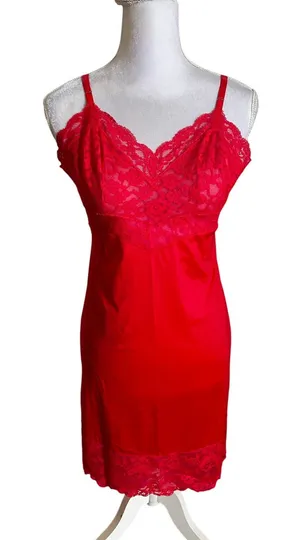 Vtg 1960s Vanity Fair Nylon Lace Slip Cherry Red Size 34 thumbnail 1
